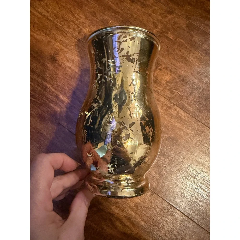 Vintage Mercury Glass Vase Distressed Gold Silver Metallic Centerpiece 8.5in